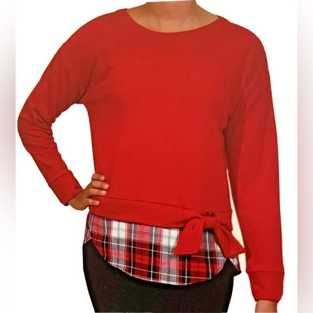 Izod Women’s Long Sleeve Tie Front 2-Fer Sweatshirt Red Plaid